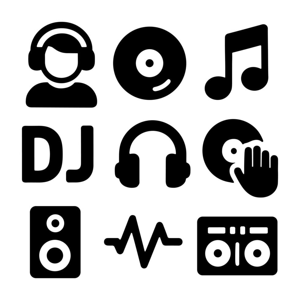 DJ icons set collection of black solid DJ and music icons featuring headphones, vinyl record, music note, DJ lettering, turntable, speaker, waveform, and boombox on a white background vector
