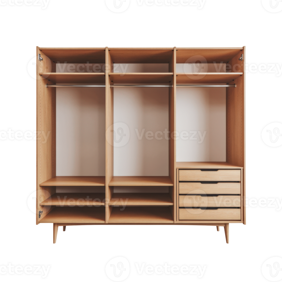 A spacious wooden wardrobe with multiple compartments and drawers isolated on transparent background png