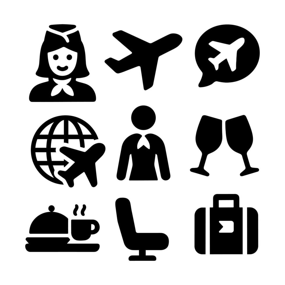 flight attendant icons set Collection of black airline service icons including flight attendant, airplane, globe, in-flight service, luggage, and passenger seat on white background vector