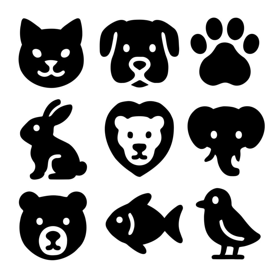 Animals icons set of black solid animal icons including cat, dog, rabbit, bear, lion, elephant, fish, bird, and paw print on a white background vector