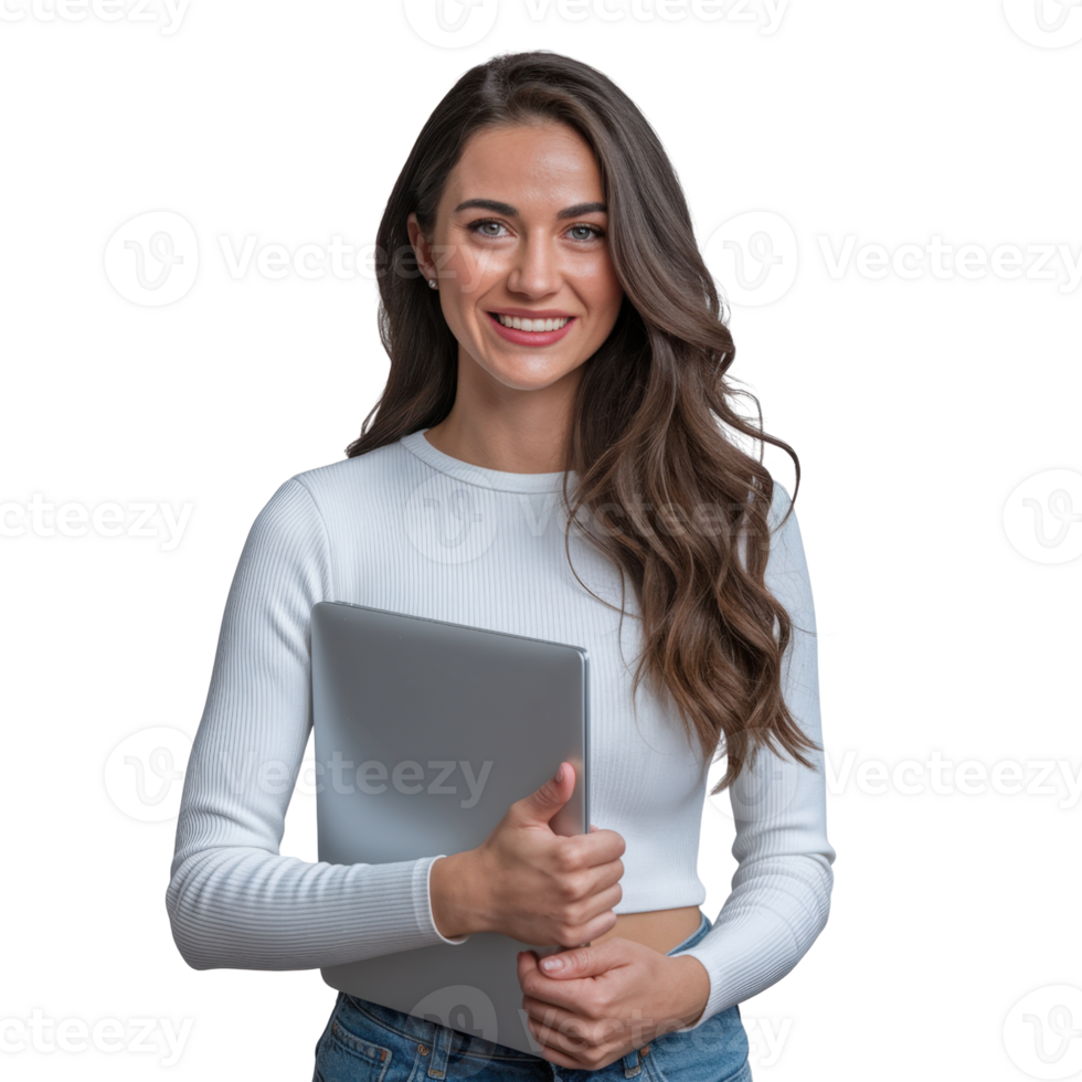 Smiling woman in casual attire holding laptop ready to work or study on the go png