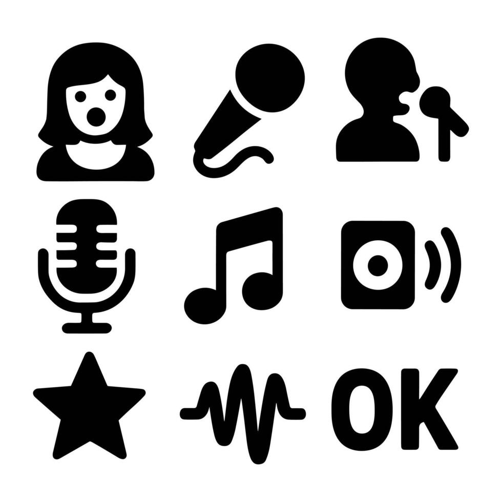 Singer icons set of black solid icons related to music and singing, including microphone, singer, music note, audio wave, speaker, star, and OK symbol on a white background vector
