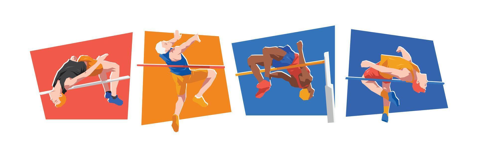 High jump male athlete characters. Sport, running, jumping, athletic concept. Cartoon flat illustration. vector