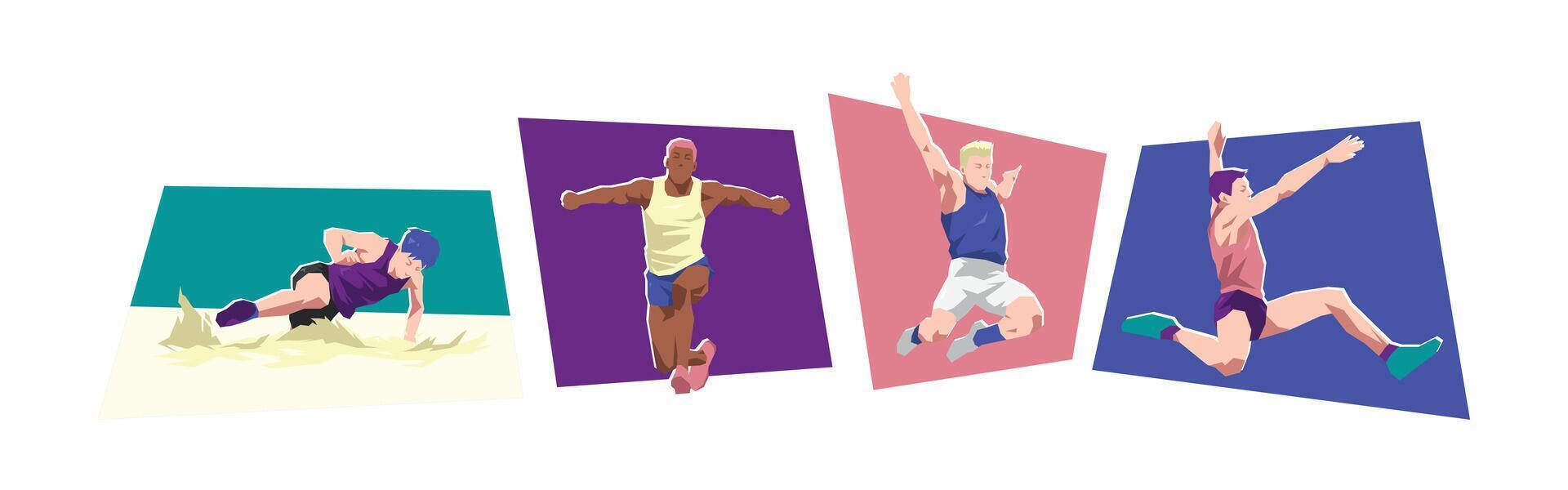 Long jump, triple jump male athlete characters. Sport, running concept. Cartoon flat illustration. vector