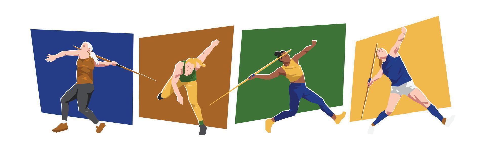 Javelin throwing female athlete characters. Sport, javelin, athletics concept. Cartoon flat illustration. vector