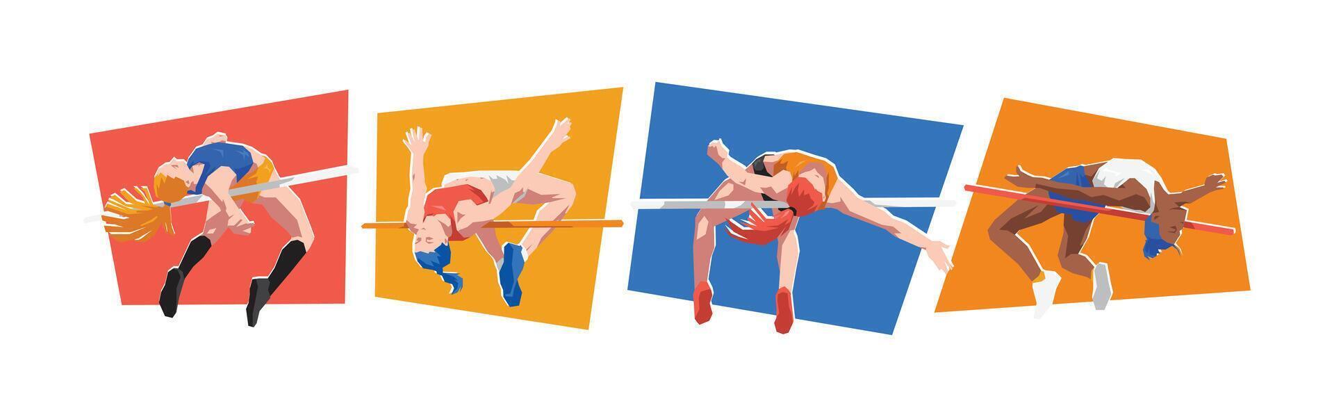 High jump female athlete characters. Sport, running, jumping, athletic concept. Cartoon flat illustration. vector
