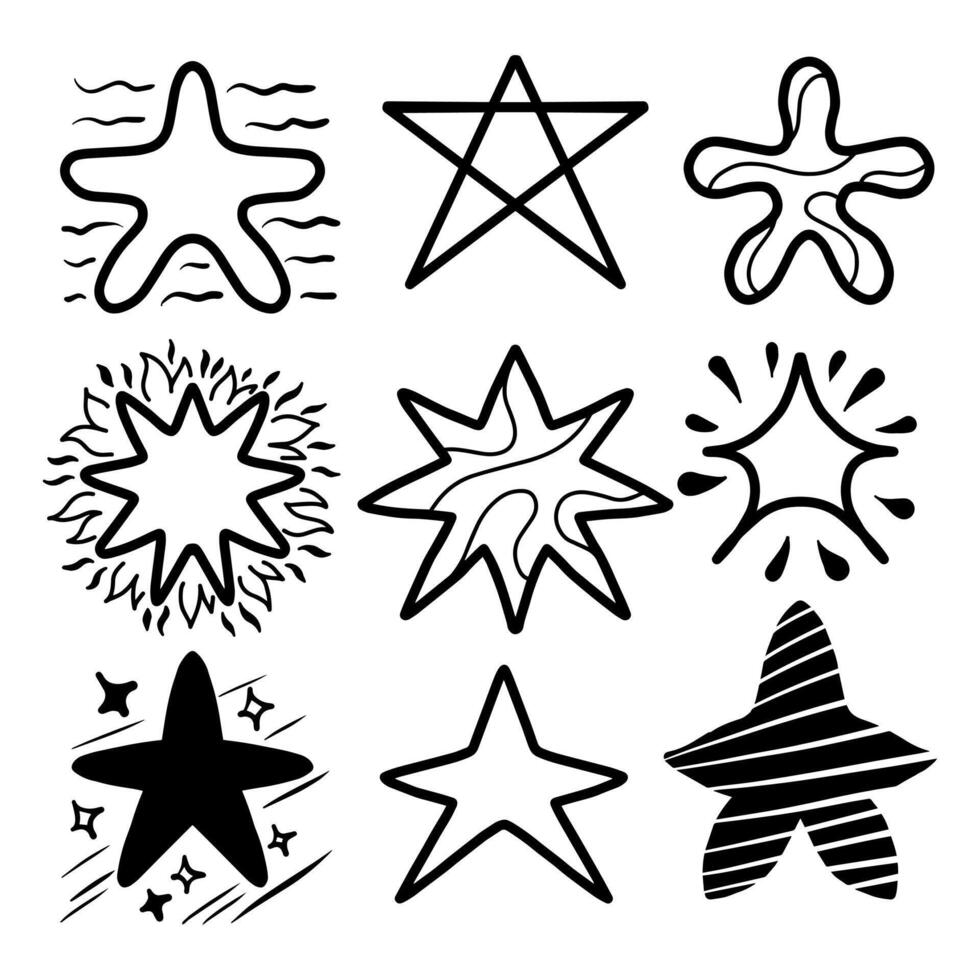 Set of black hand drawn doodle stars in isolated on white background. vector