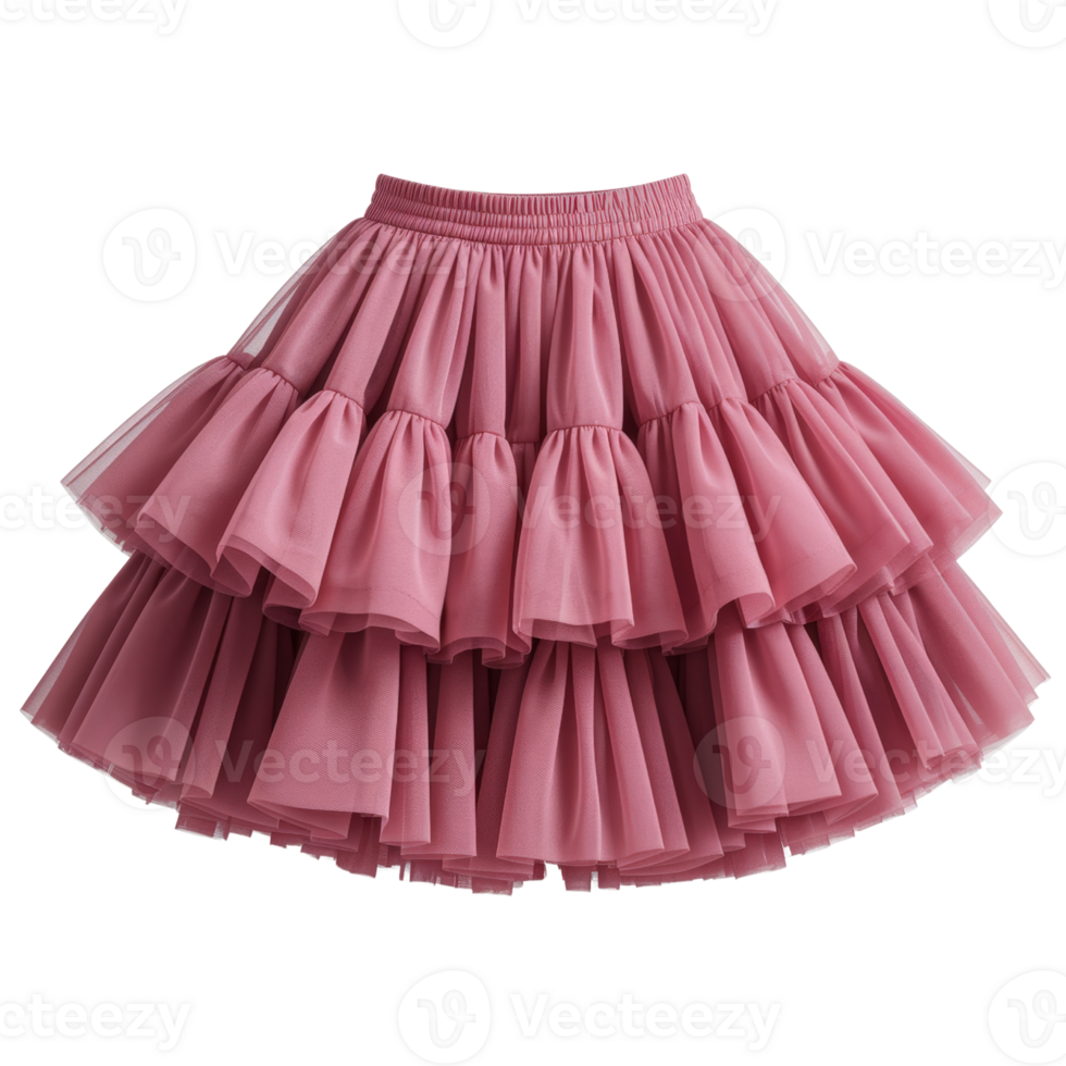 Rose-colored ruffled skirt with two layers an elastic waist and a flowy chiffon texture isolated on transparent background png