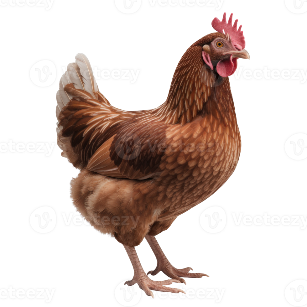 A classic brown hen farmyard fowl with rich plumage and vibrant comb isolated on transparent background png