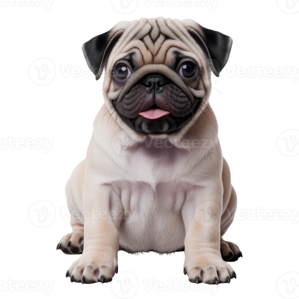 Adorable pug puppy with expressive eyes and tongue sticking out isolated on transparent background png