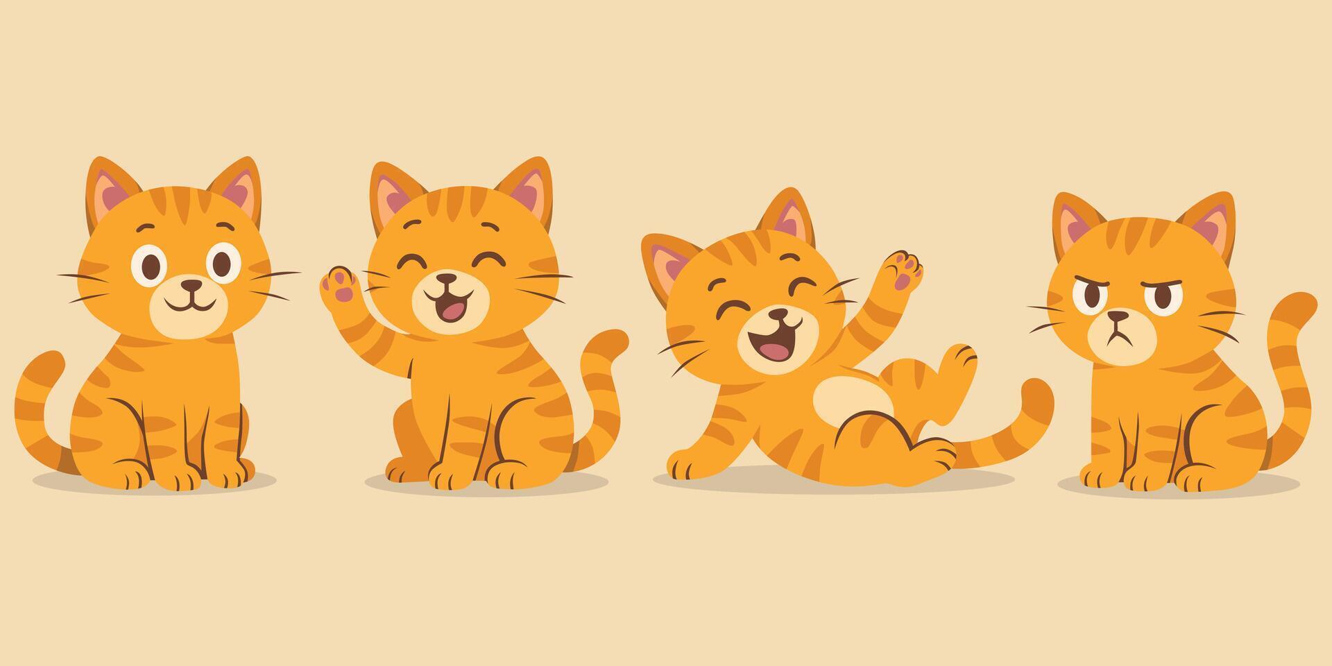 Set of Cute Orange Cat Cartoon Characters Flat Illustrator vector