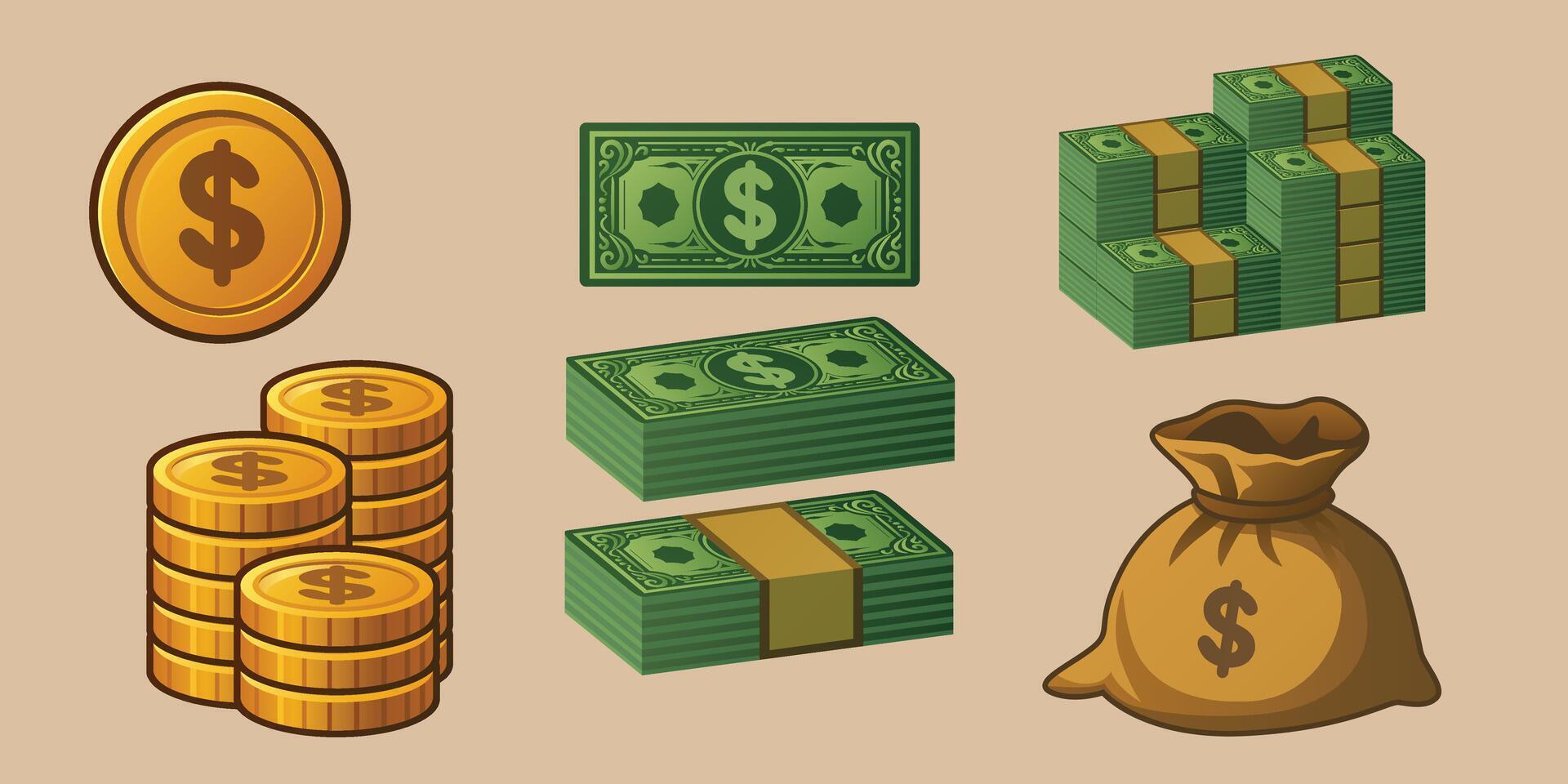 Set of Paper and Coin Money Flat Illustrations vector