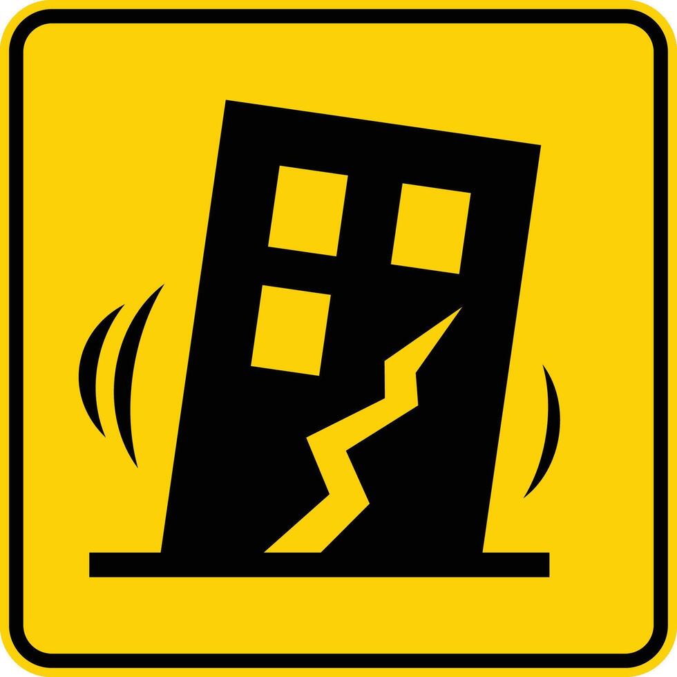 Earthquake Warning Sign with Illustration of a Cracked Building Structure vector