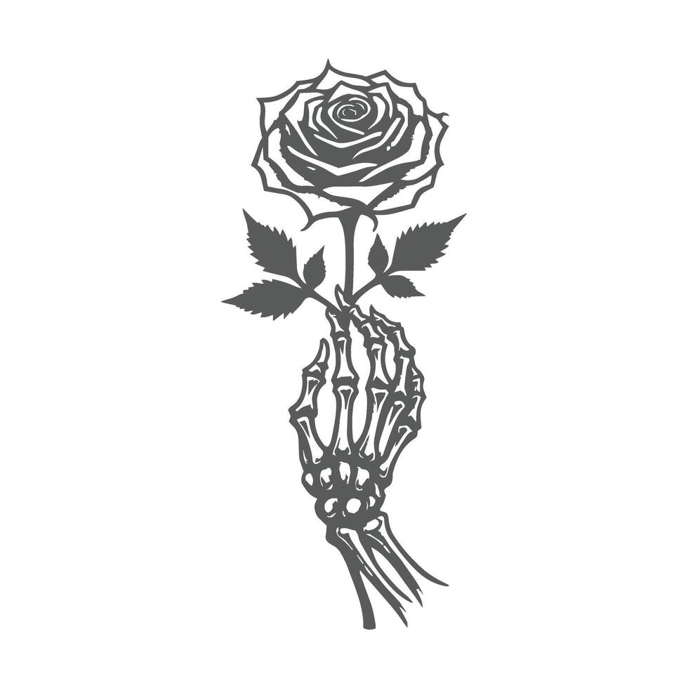 Skeleton hand holding a rose illustration. vector