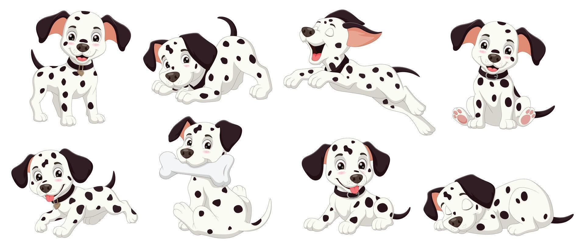 Eight dalmatian puppies engaging in various poses, perfect for petrelated designs, childrens materials, or dogthemed projects that require multiple images. vector