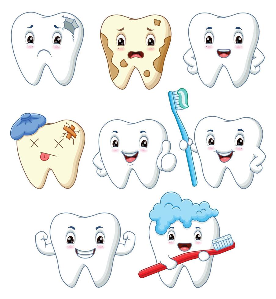 Teeth with different expressions conveying joy, surprise, and sadness. Suitable for dental services, emotional expressions, and oral care. vector