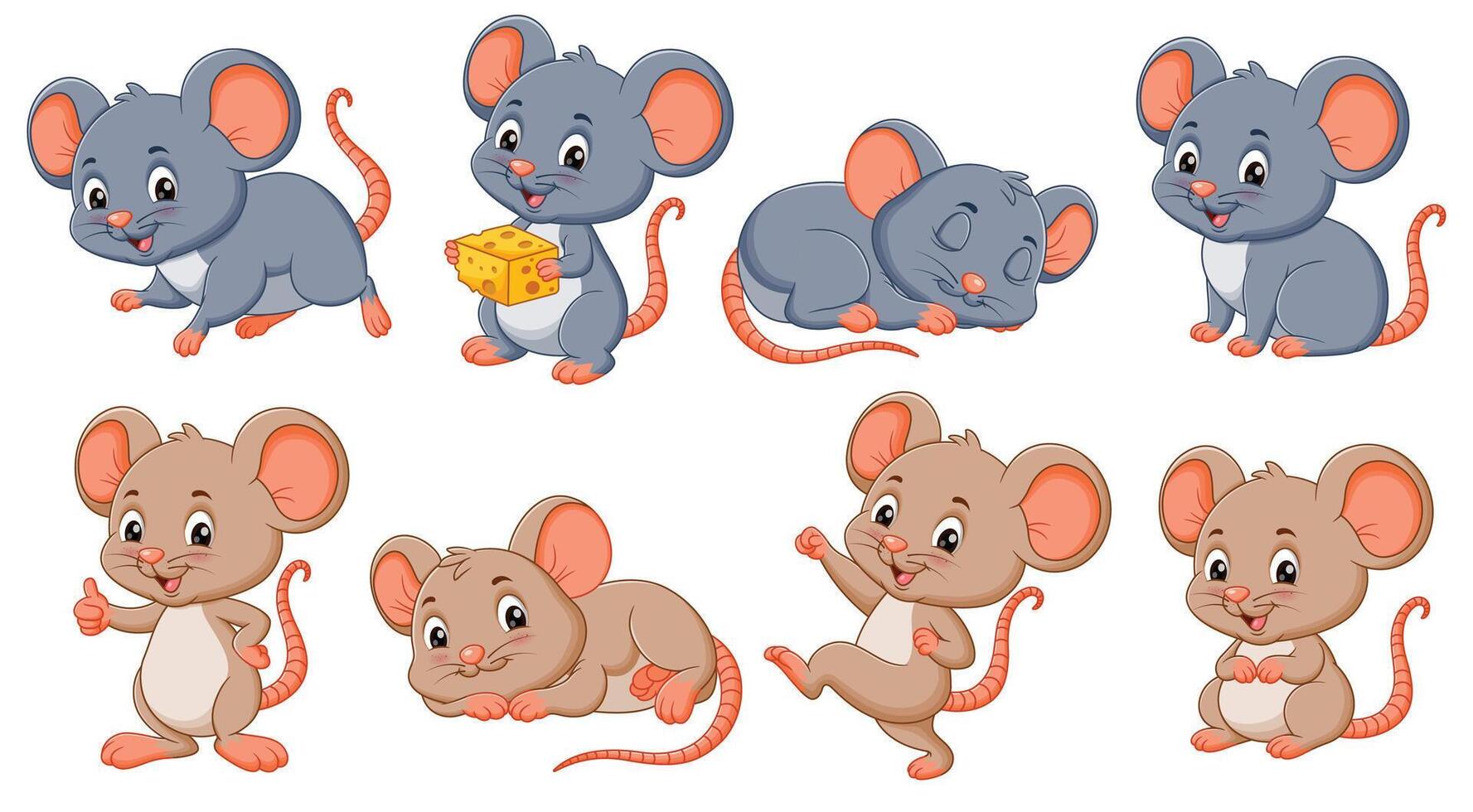 Eight cartoon mice in various poses, perfect for childrens books, educational materials, and animalthemed designs. Cute and versatile illustrations for multiple projects. vector