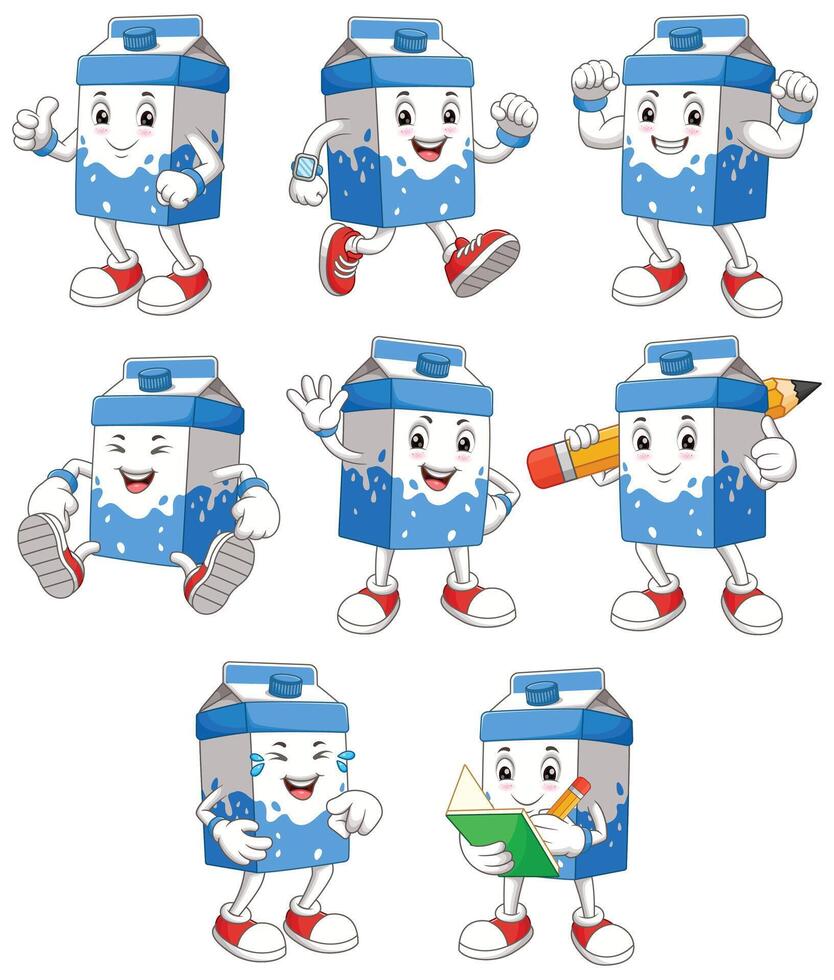 Milk carton engaging in activities like dancing, exercising, reading. Ideal for dairy product promotions, lifestyle blogs, and creative advertising materials. vector