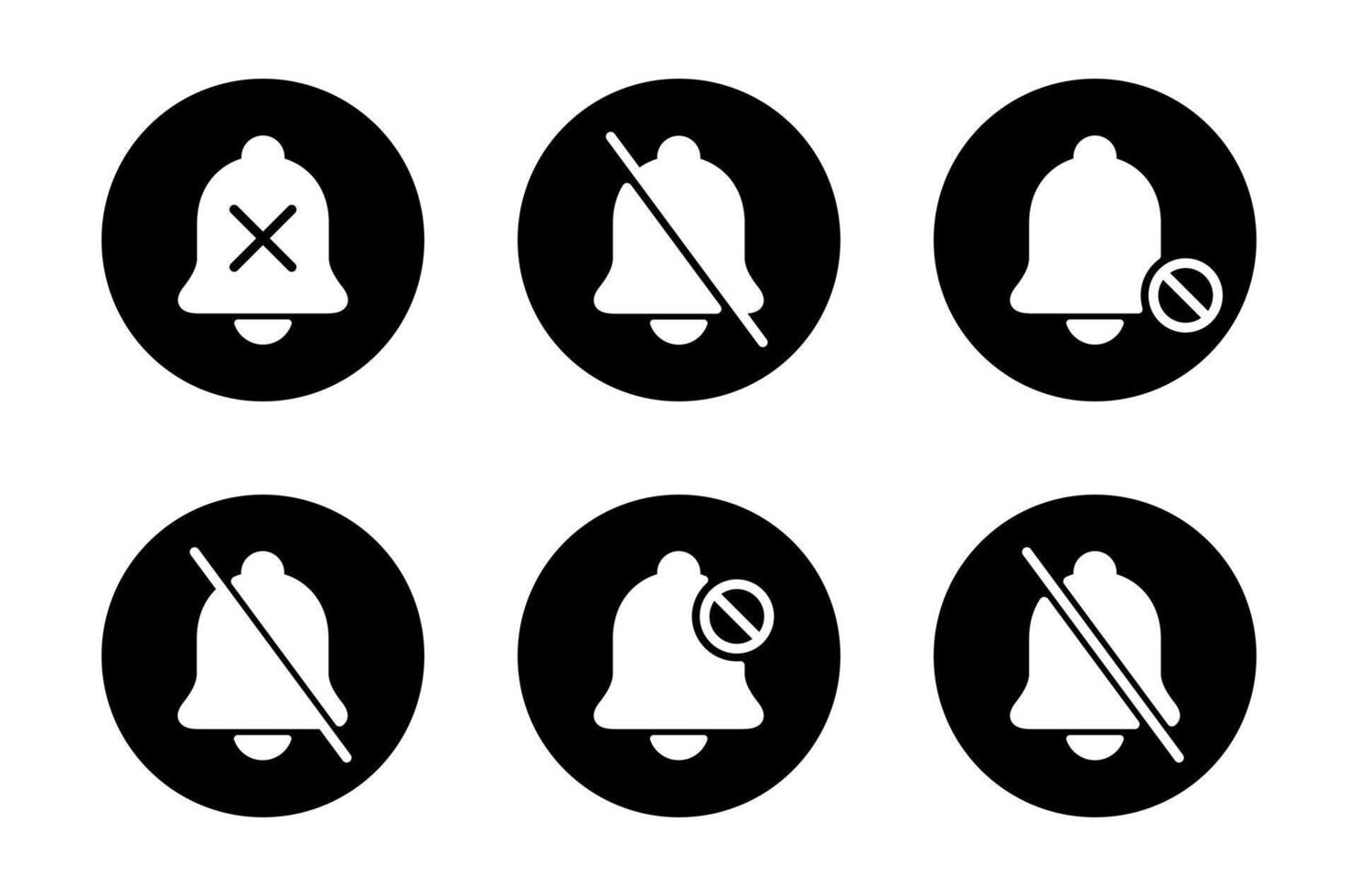 Silent bell icon set collection on black circle. Mute sound, off notification sign symbol vector