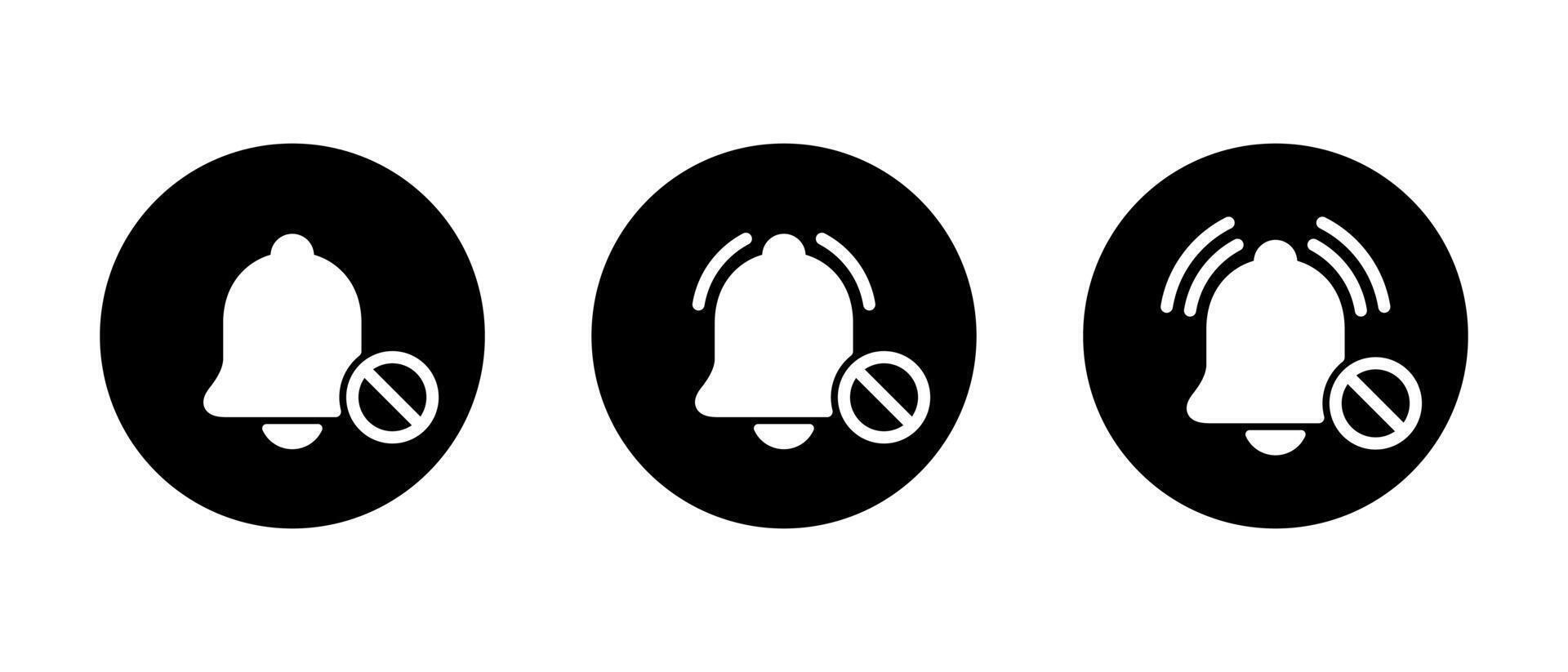 No bell icon set on black circle. Notification prohibition sign symbol vector