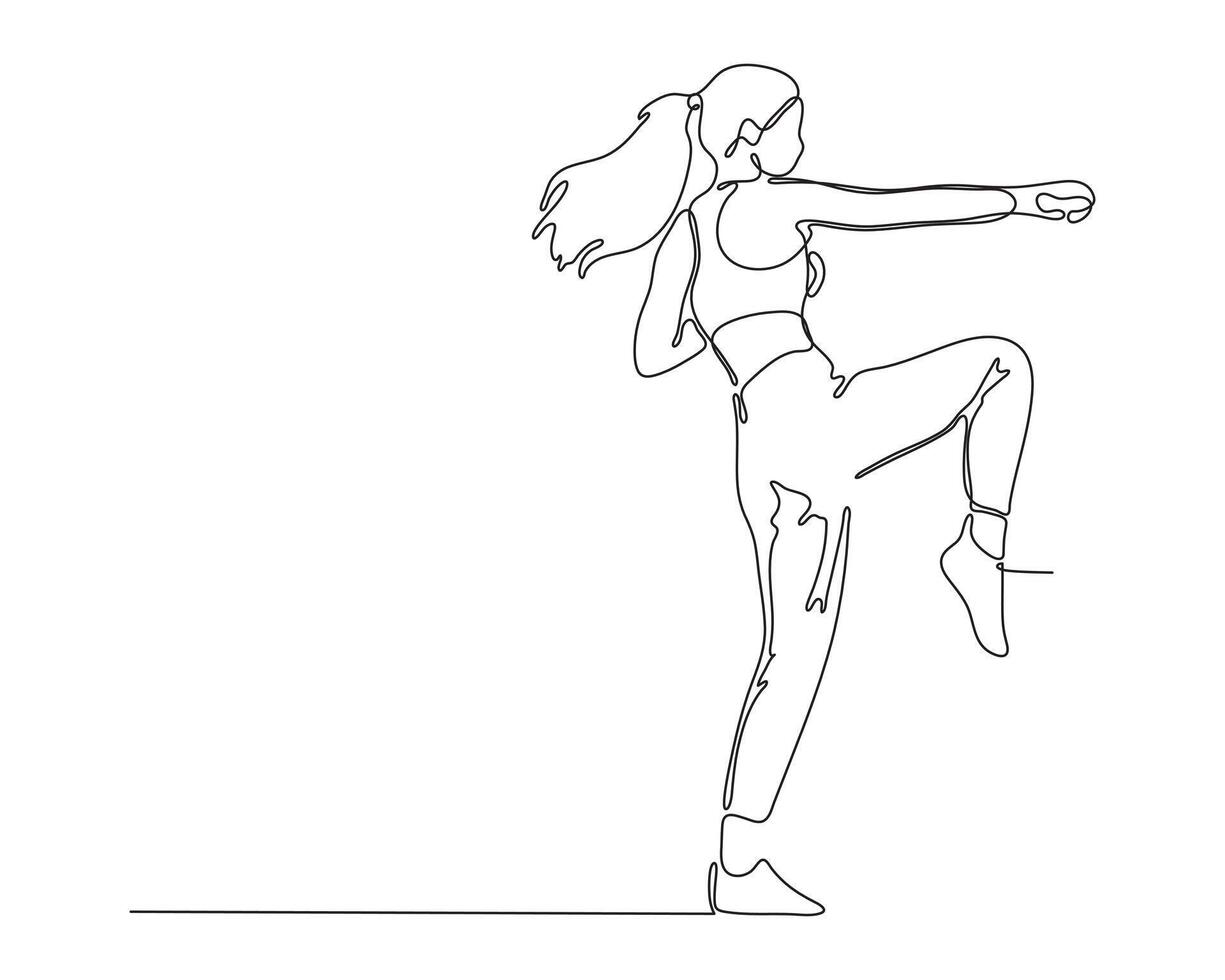 One line drawing of a woman practicing martial arts with a raised knee and punch. Minimalist suitable for fitness, self defense, or kickboxing themes. vector