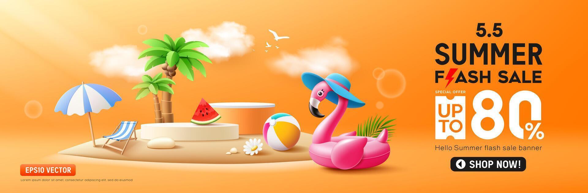Summer podium flash sale, pink flamingo inflatable swimming pool, coconut trees, beach umbrella on island beach banner design vector