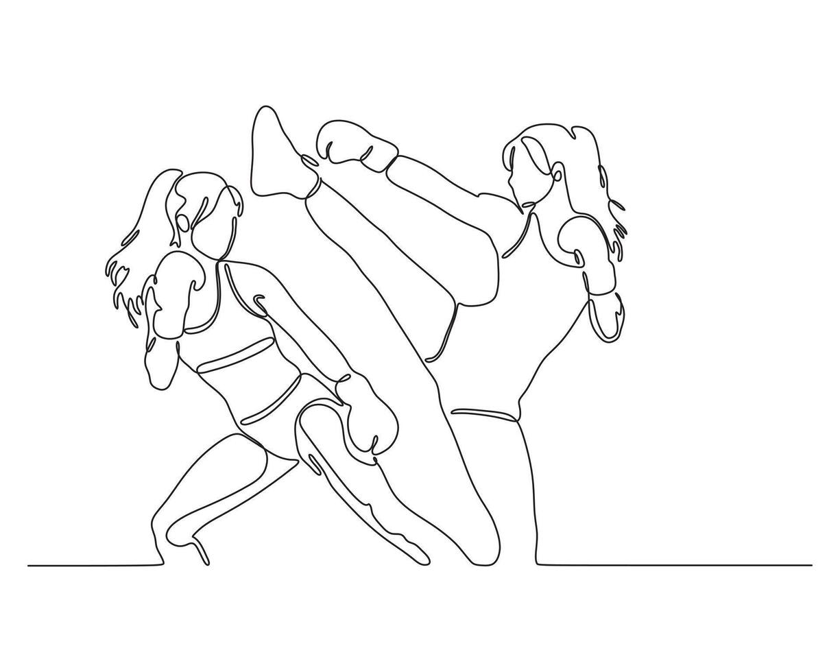 Two female boxers in a dynamic fight, single continuous line drawing. Sport and competition concept. vector