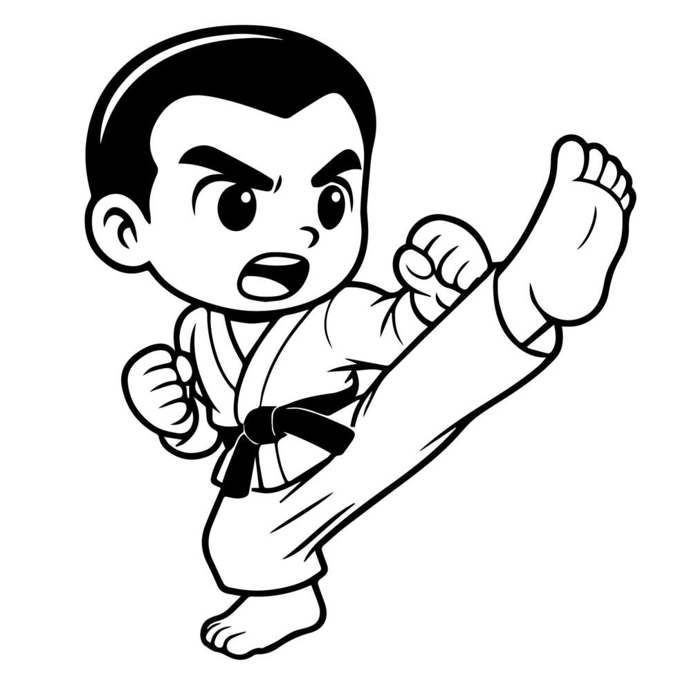 A dynamic cartoon boy in a karate uniform and black belt executes a powerful kick, embodying the energy and focus of martial arts training. vector