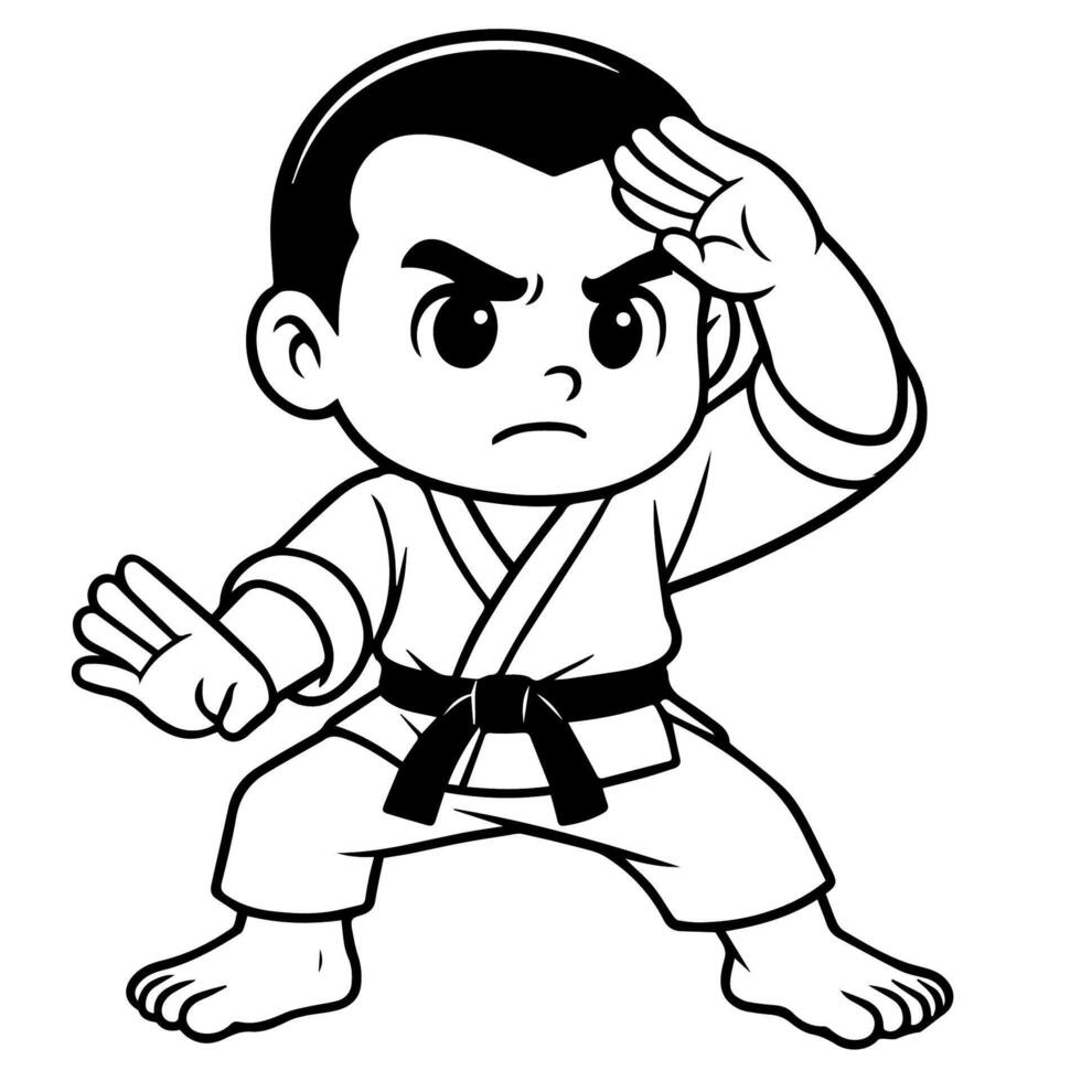 A determined cartoon boy in a karate gi and black belt strikes a dynamic pose, showcasing martial arts training and discipline. vector