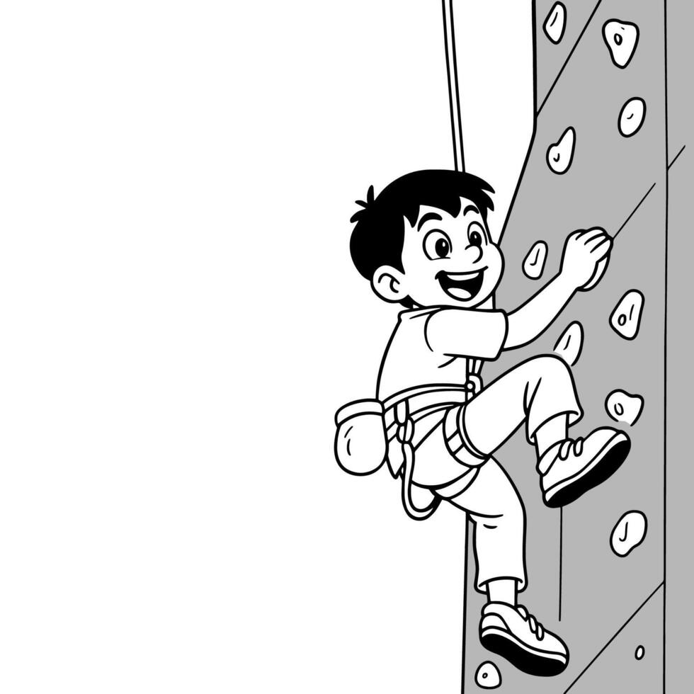 A cheerful young boy is actively rock climbing on an indoor textured wall, reaching for a hold with a big smile. Outline illustration. vector