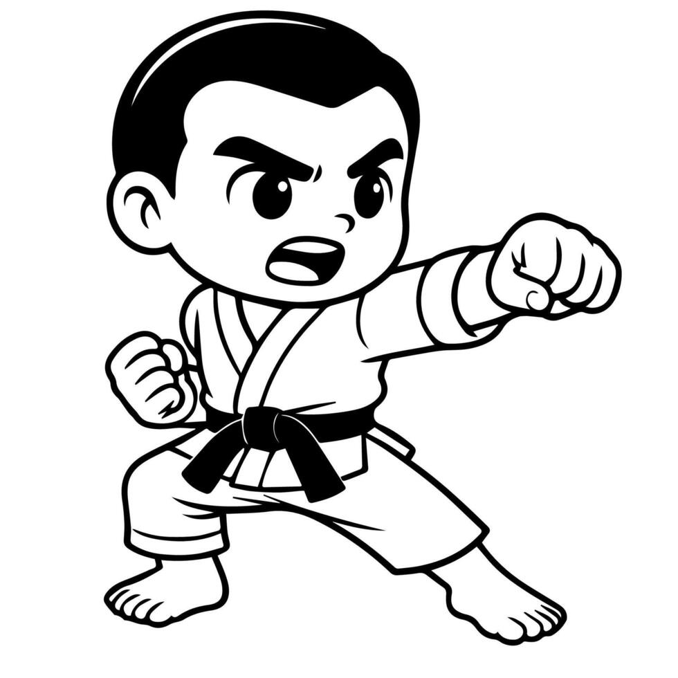 A focused cartoon boy in a karate uniform and black belt delivers a powerful punch, illustrating the intensity of martial arts training. vector