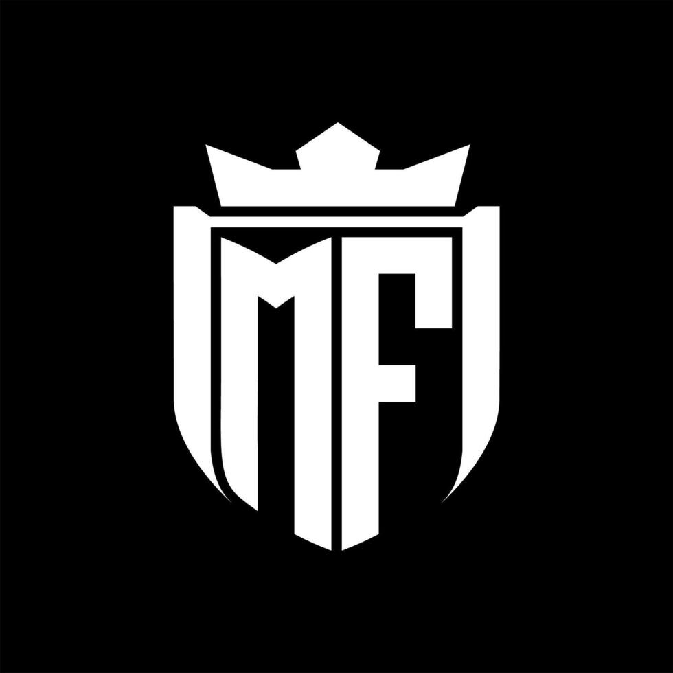 MF Letter logo shield shape inside shield badge crown on black background template design vector