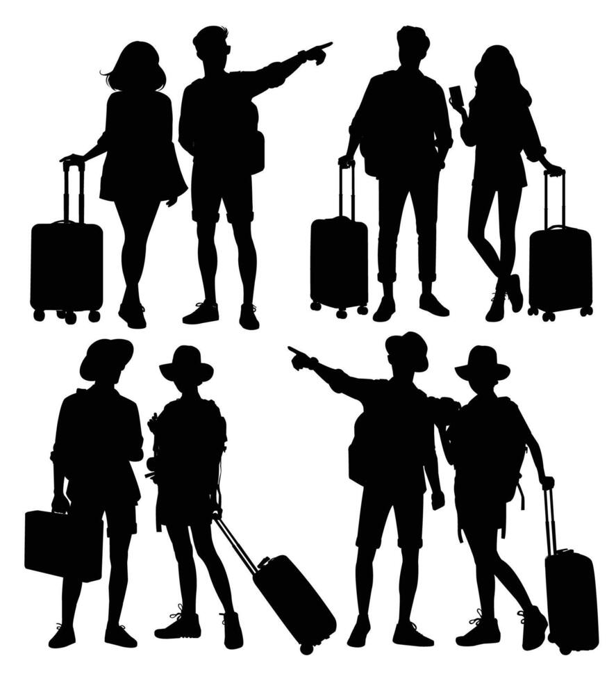 silhouettes of traveler with suitcases and backpack vector