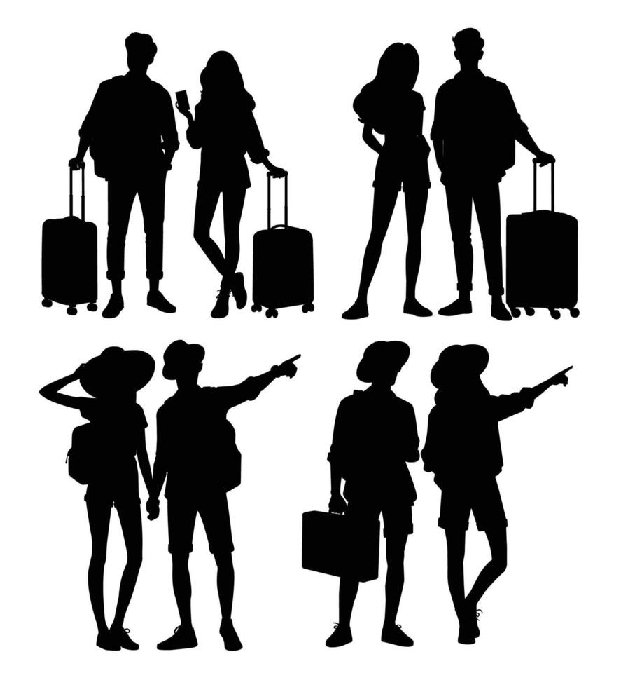 silhouettes of couples traveler with suitcase and backpack vector