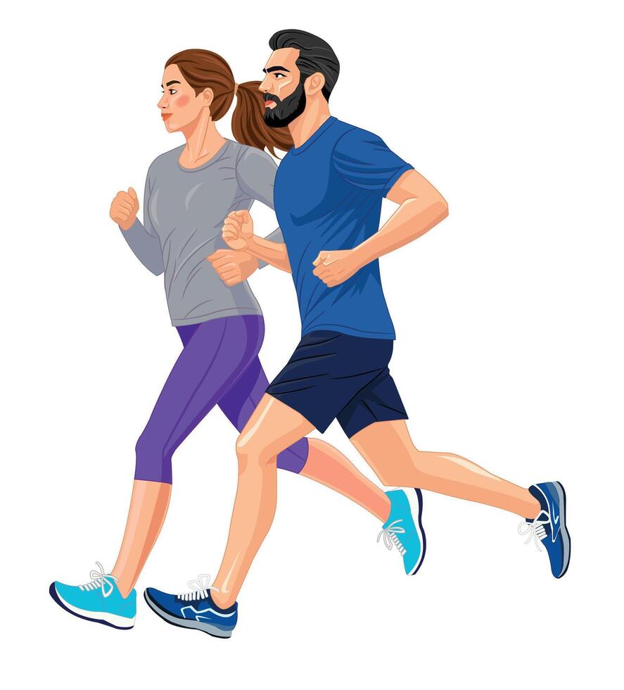 Illustration of a young couple exercising running side view vector