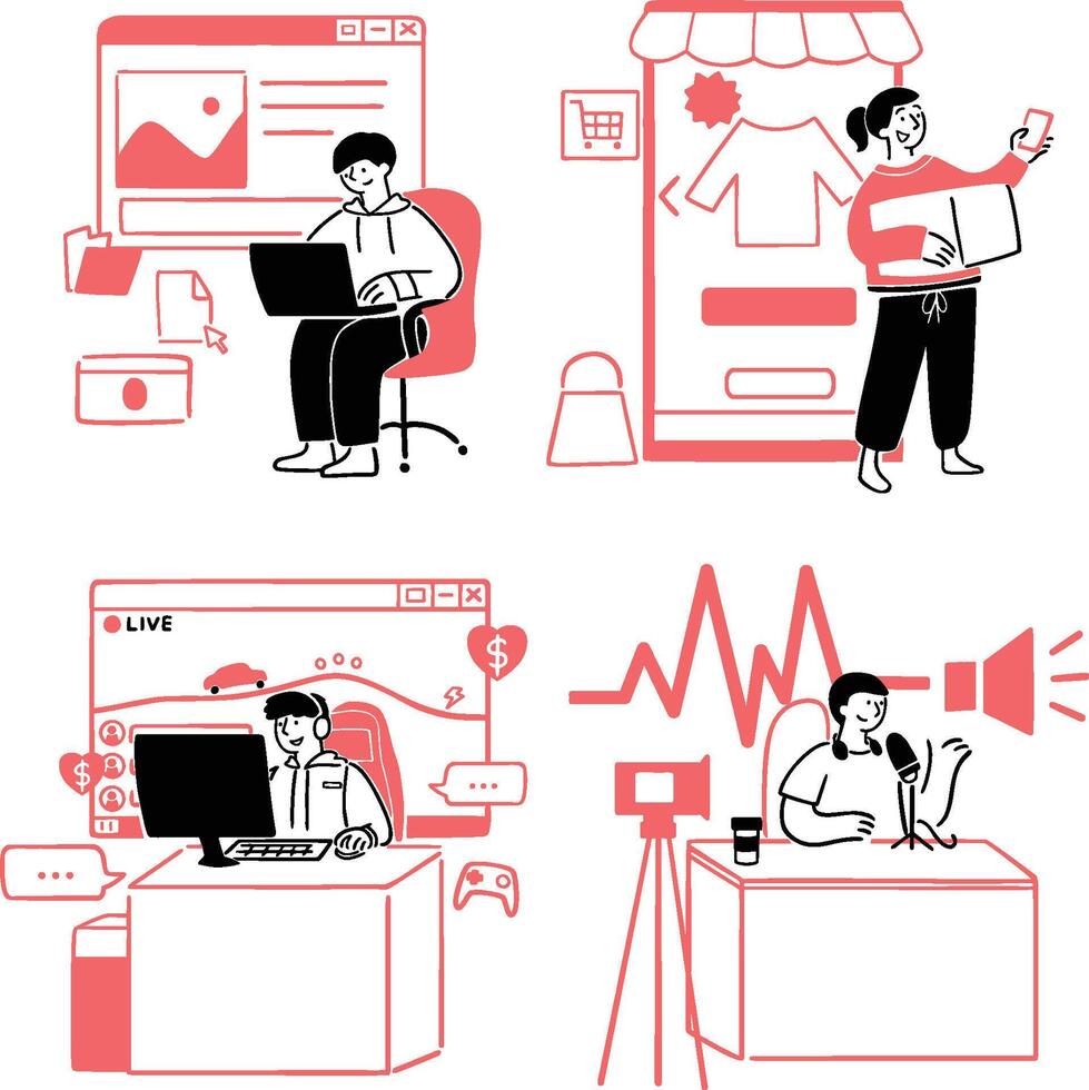This illustration pack captures popular modern professions including web developers, streamers, UX designers, and crypto traders vector