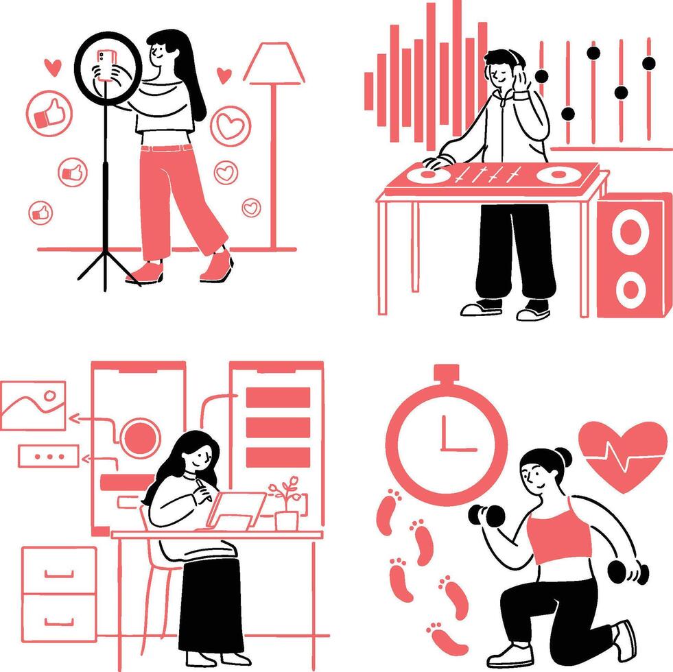 A dynamic set of modern profession illustrations showing men and women working as developers vector