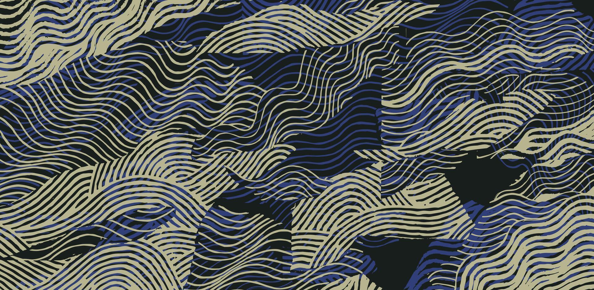 Hand drawn brush lines abstract wave and water collage pattern, Japanese wood carving, engraving texture background, simple and experimental graphic for carpet, textile vector