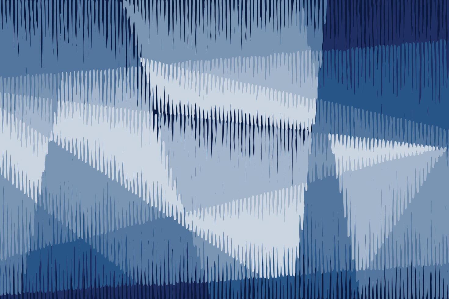 Hand drawn brush line abstract geometric ikat pattern, Japanese and ethnic wood carving, weaving, engraving textured surface background in blue and white, simple monochromatic graphic for textile vector