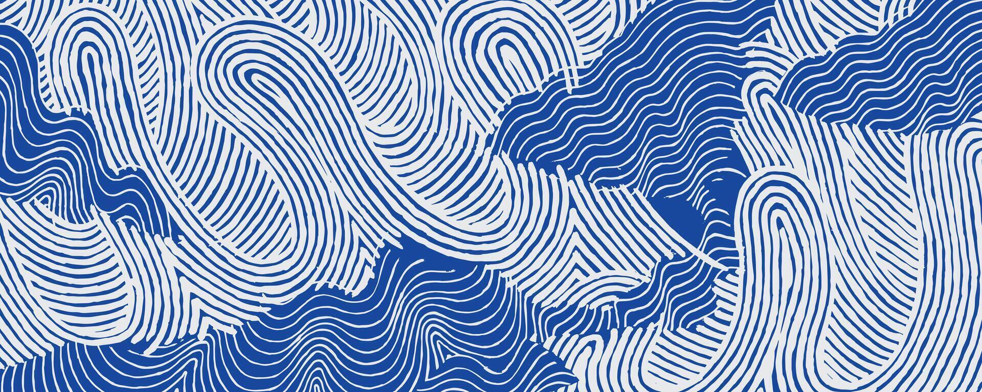 Crafted hand drawn brush line abstract collage wave and water pattern, Japanese and ethnic wood carving, weaving texture background in white and blue, experimental minimal graphic for carpet, fabric vector