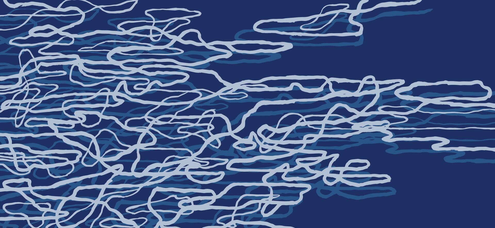 Abstract free hand drawing, reflection on water brush lines, doodles line art background in white and blue, simple graphic for textile, carpet, decoration vector