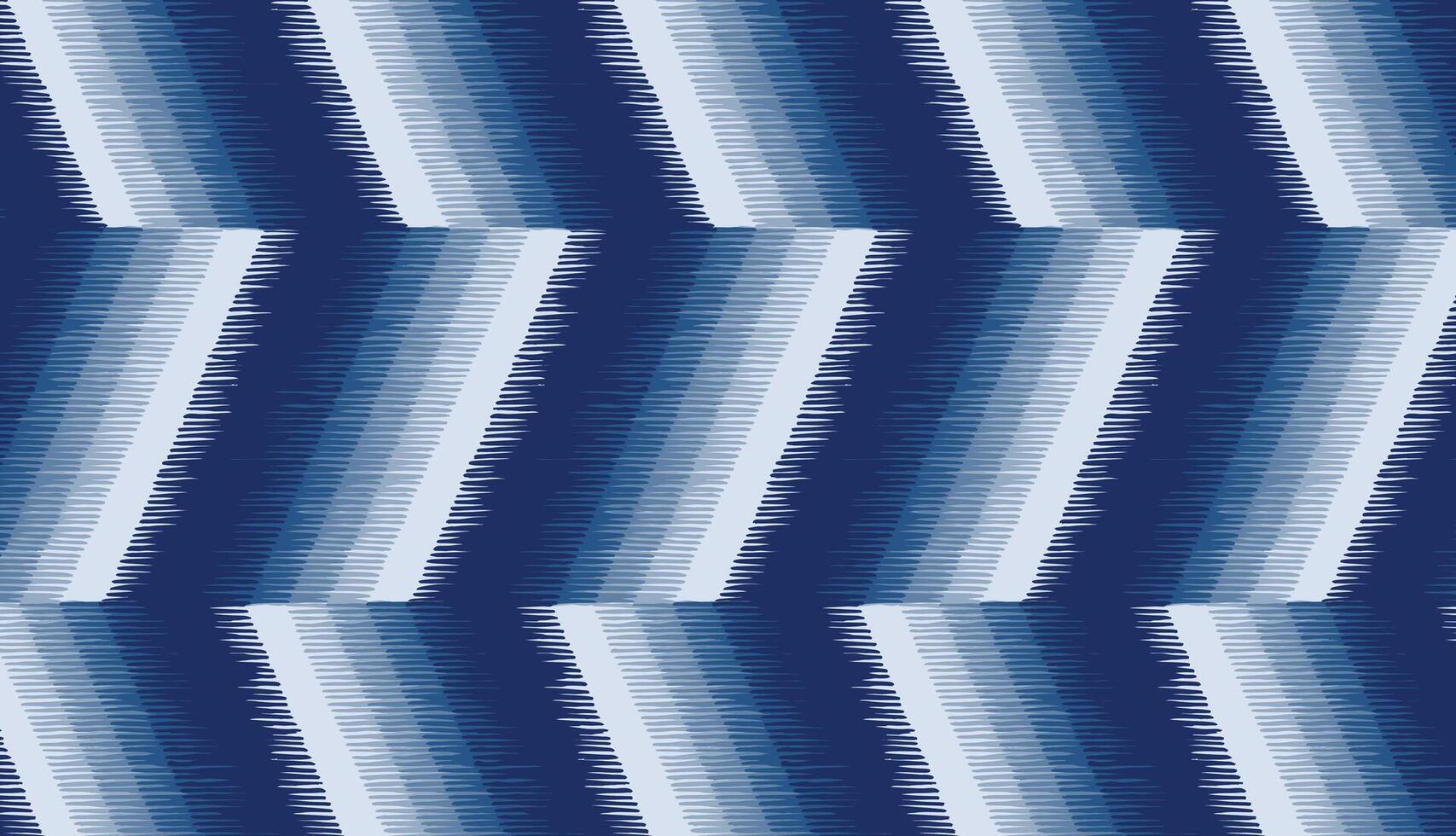 Hand drawn brush lines abstract gradient trapezoid ikat pattern, Japanese, ethnic wood carving, weaving texture surface background in blue, simple geometric graphic for carpet, fabric vector