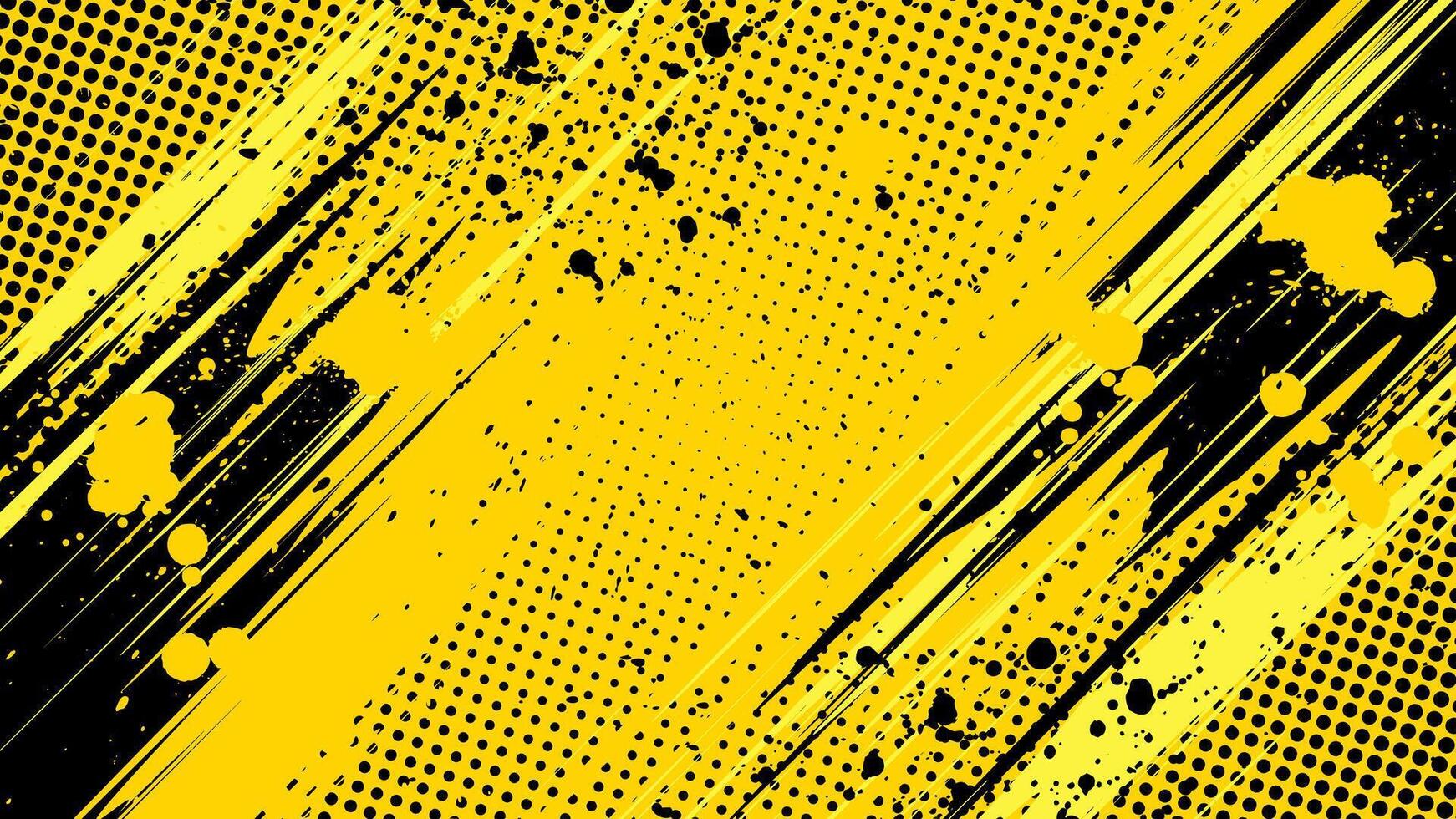 Yellow grunge background with halftone dots with black brush strokes painted diagonally. vector