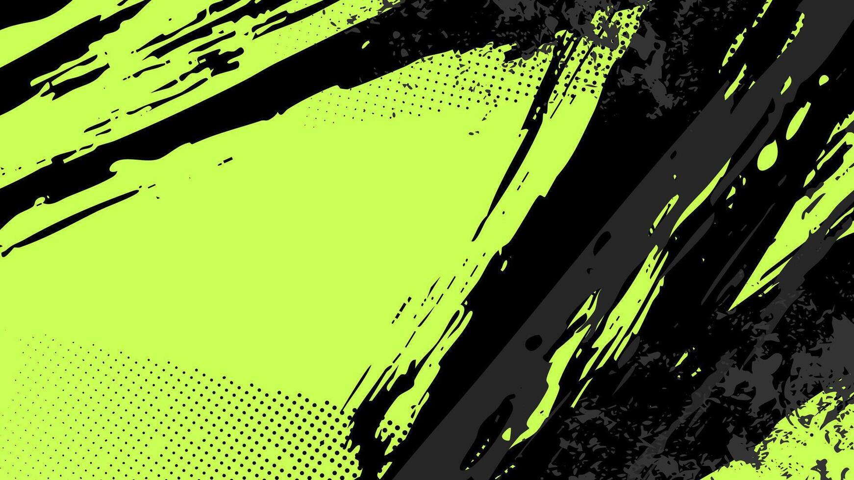 Grunge green background with diagonal black brush strokes overlapping with halftone dots. vector