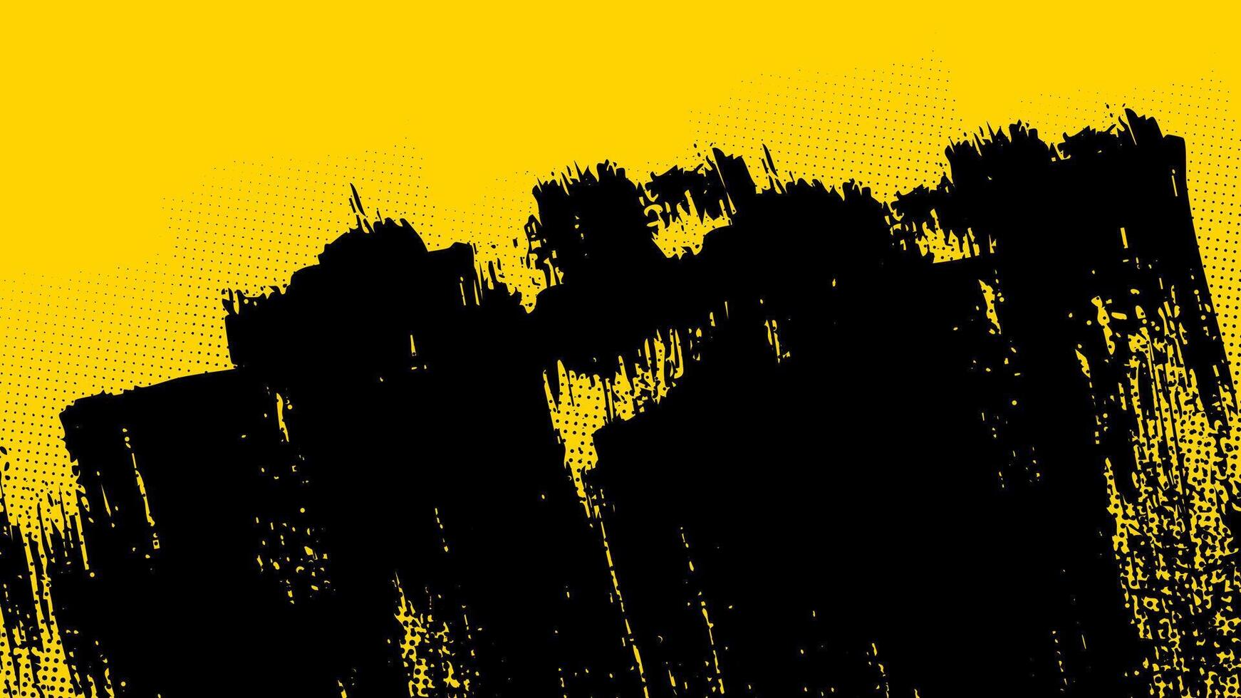 Grunge yellow background with black brush strokes painted diagonally with halftone dots. vector
