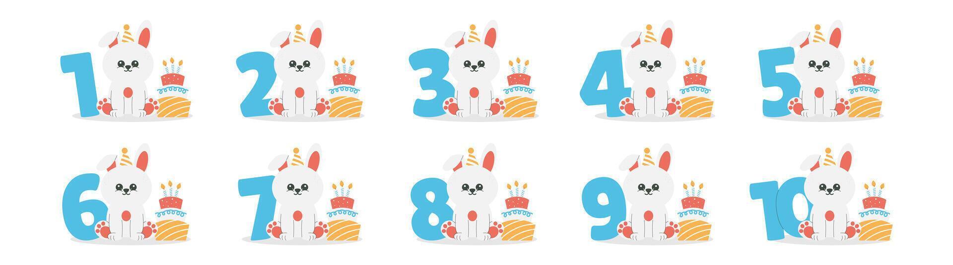 Cute bunny character in hat, cake with candles, numbers set. Beautiful elements for Kids Birthday Party invitation, greeting card, poster, event, prints and cake toppers design vector