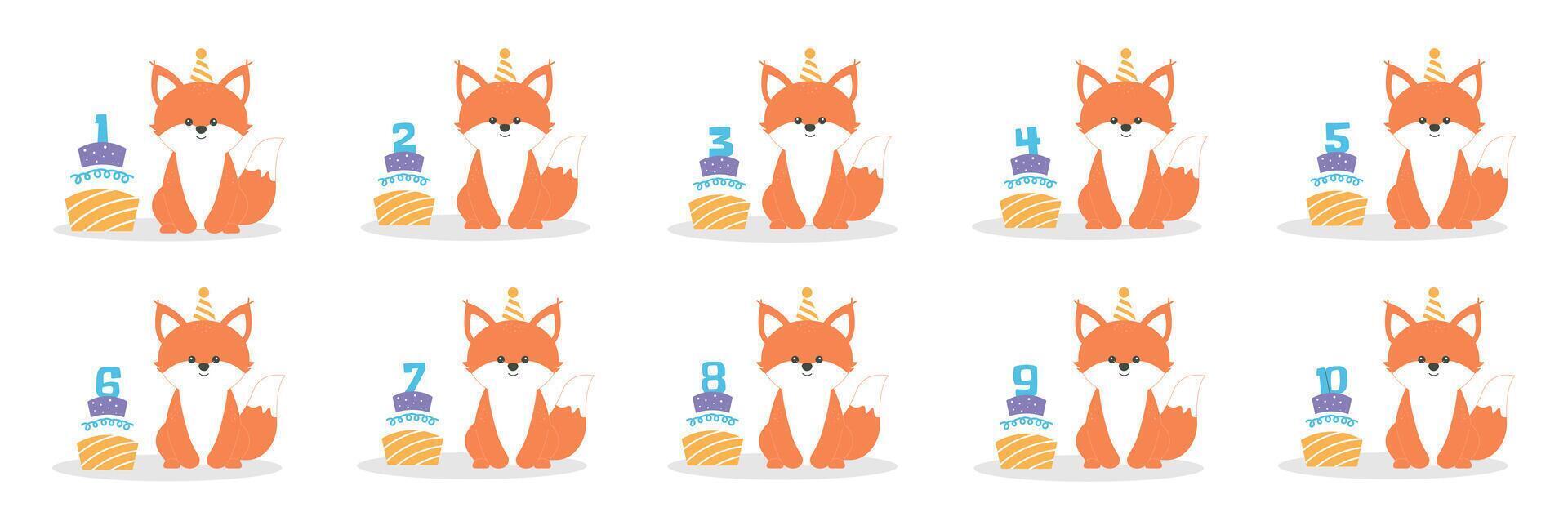 Cute baby fox character in hat and cake with numbers from 1 before 10 set. Beautiful elements for Kids Birthday Party invitation,greeting card,poster,event,prints,cake toppers design vector