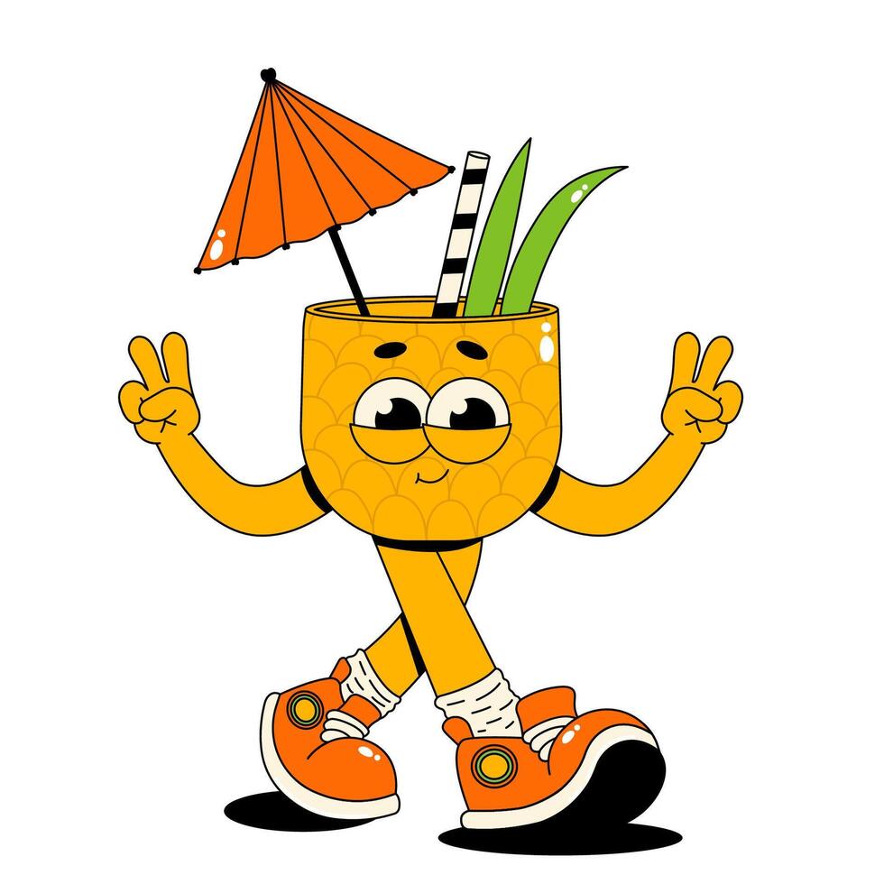 Retro groovy character tropical pineapple cocktail. Funky walking drink. Vintage summer illustration 70s, 80s style on white background vector