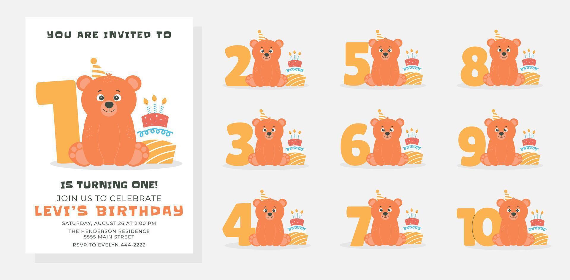 Greeting and invitation card for kids Birthday party. Cute baby bear, cake and numbers in flat childrens style. illustration, design for card, poster, banner vector