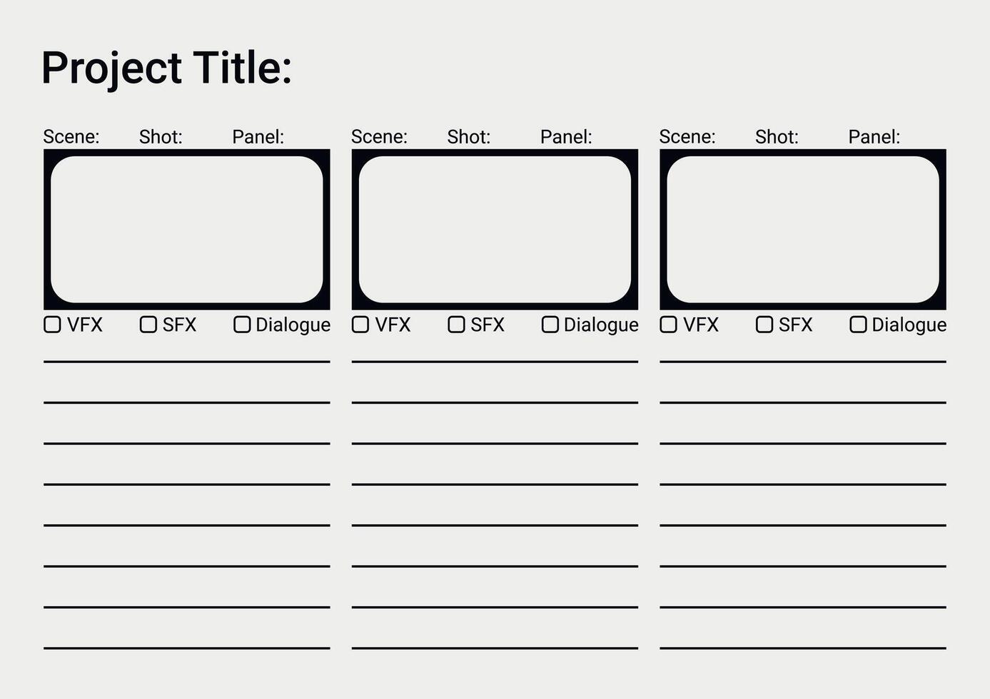 Professional film storyboard template. Perfect for Filmmakers, Designers and Animators. Movie storyboard layout, ideal for scene planning. A4 size template for filmmakers and designers, EPS 10 vector